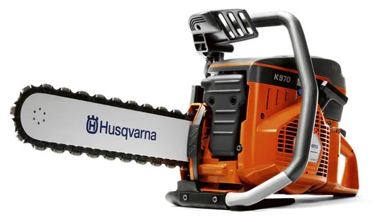 Husqvarna chainsaw with a long blade and protective handle.