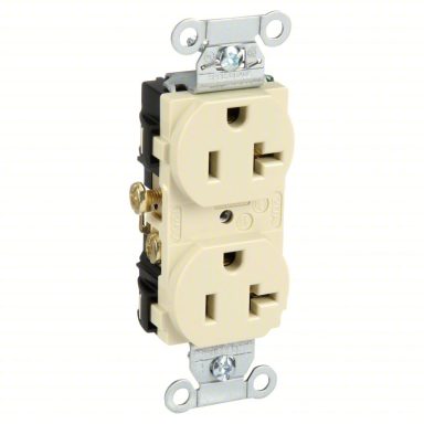Dual electrical outlet with two sockets and metal mounting brackets.