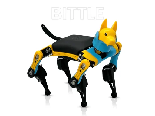 A small, robotic dog with a blue and yellow design and four legs.