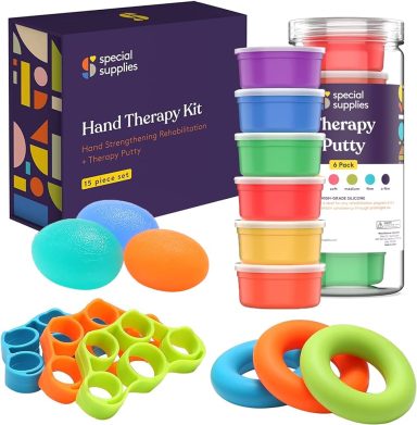 A hand therapy kit with colorful putty and therapy rings in a box.