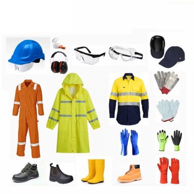 Variety of safety gear and clothing, including helmets, gloves, and raincoats.