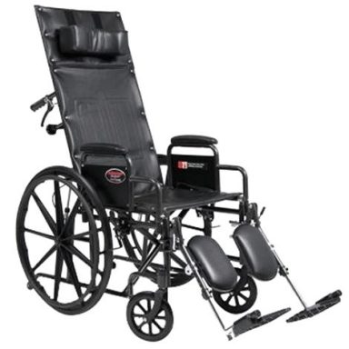 Black reclining wheelchair with leg rests and comfortable head support.