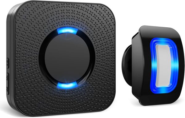 Black wireless doorbell with a round button and a rectangular chime unit, both featuring blue lights.
